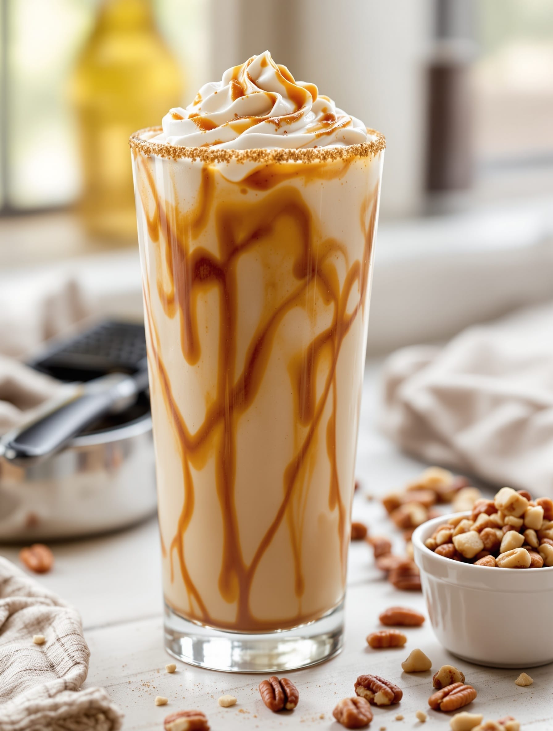 12 Heavy Soda And Dirty Soda Drinks To Try At Home 3 A glass of Pecan Praline Cream Soda topped with crushed pecans and caramel drizzle.