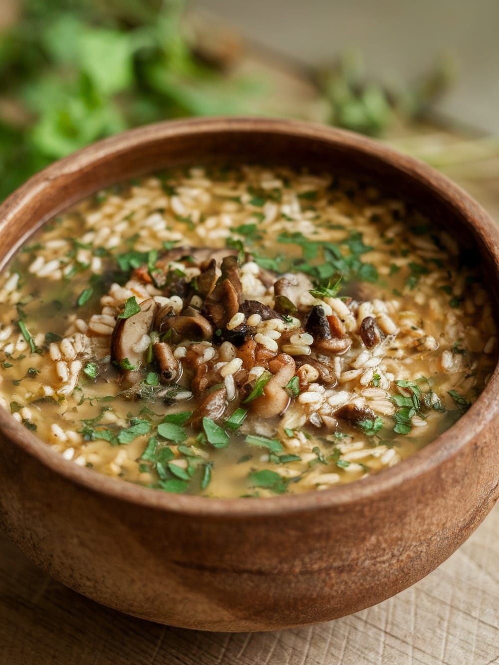 13 Cozy Vegan Soups For Chilly Fall Nights (Easy & Make-Ahead) 11 A bowl of wild rice and mushroom soup garnished with herbs.