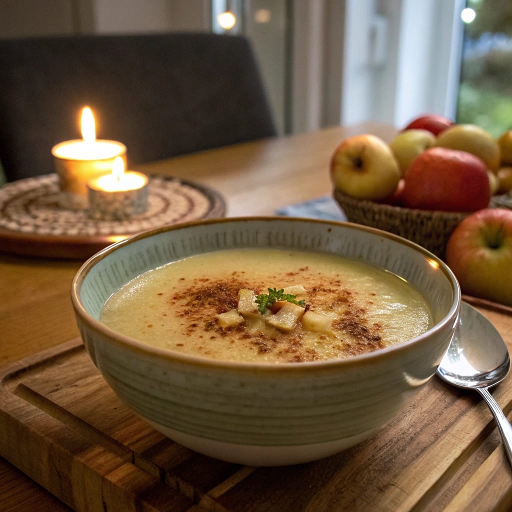 13 Cozy Vegan Soups For Chilly Fall Nights (Easy & Make-Ahead) 13 A bowl of creamy apple and celery root soup garnished with apple slices and sprinkled with cinnamon.