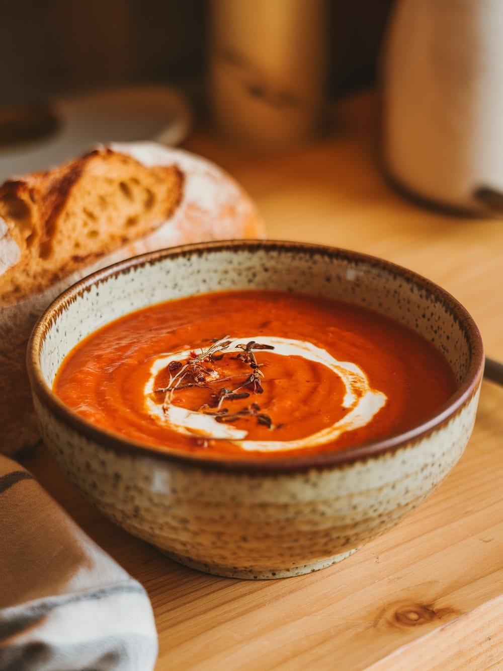 13 Cozy Vegan Soups For Chilly Fall Nights (Easy & Make-Ahead) 14 A bowl of roasted red pepper and tomato soup with a swirl of cream and herbs, served with bread.