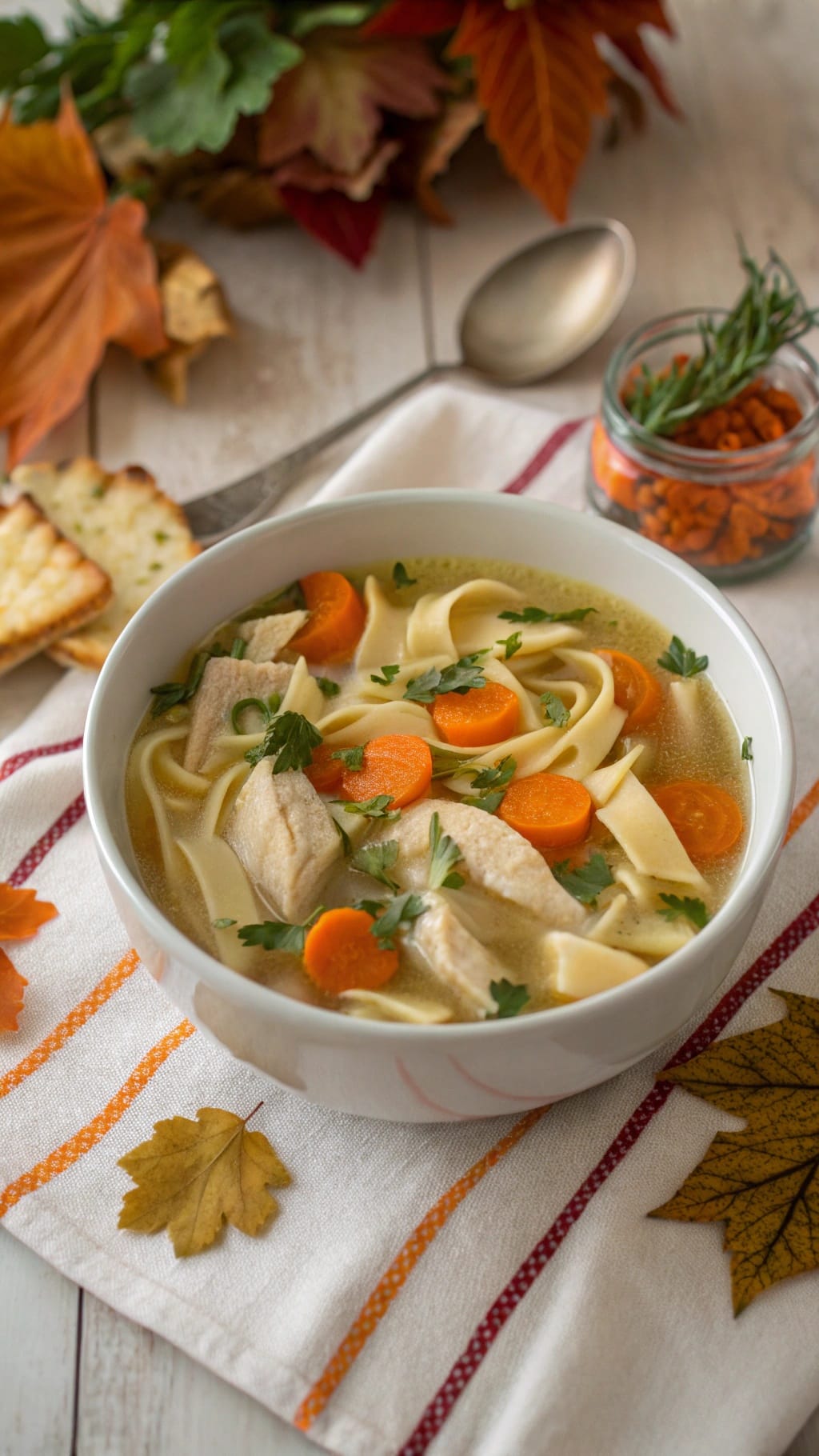 12 Insanely Cozy Fall Soups You’ll Make All Season 9 A bowl of classic chicken noodle soup with carrots and herbs, surrounded by fall leaves.