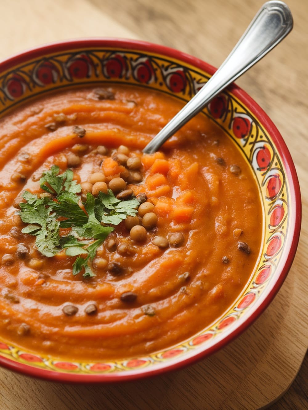 13 Cozy Vegan Soups For Chilly Fall Nights (Easy & Make-Ahead) 12 A bowl of spiced carrot and lentil soup garnished with cilantro.