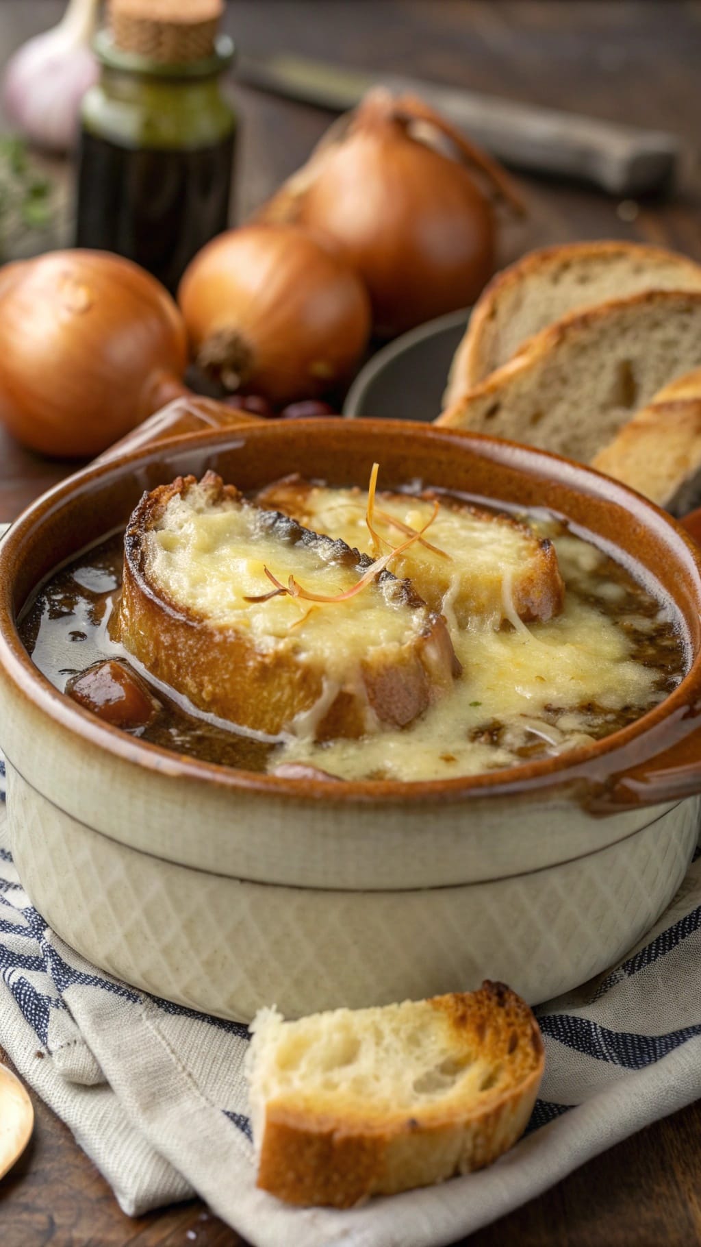 12 Insanely Cozy Fall Soups You’ll Make All Season 10 A bowl of rustic French onion soup topped with melted cheese and served with bread.