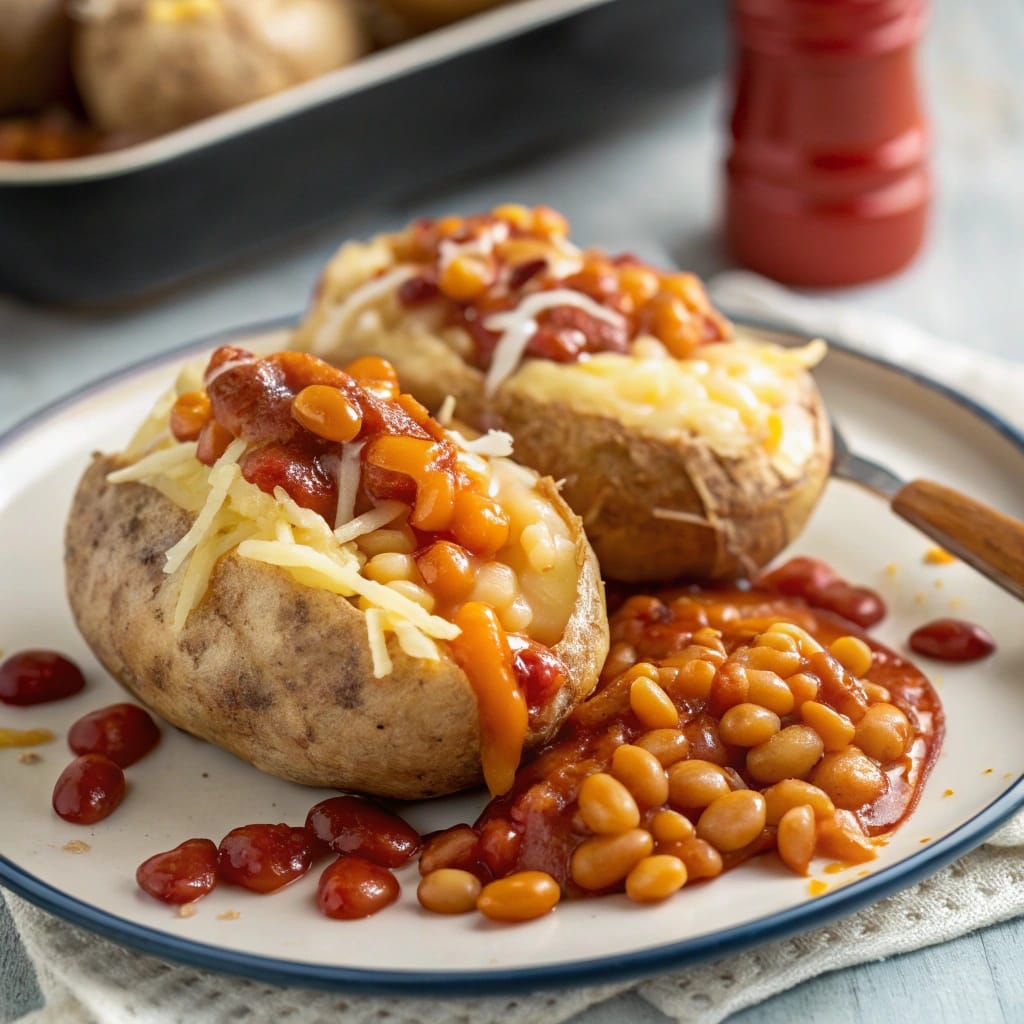24 Struggle Meals That Actually Taste Great 14 A plate of baked potatoes topped with beans, cheese, green onions, and salsa.