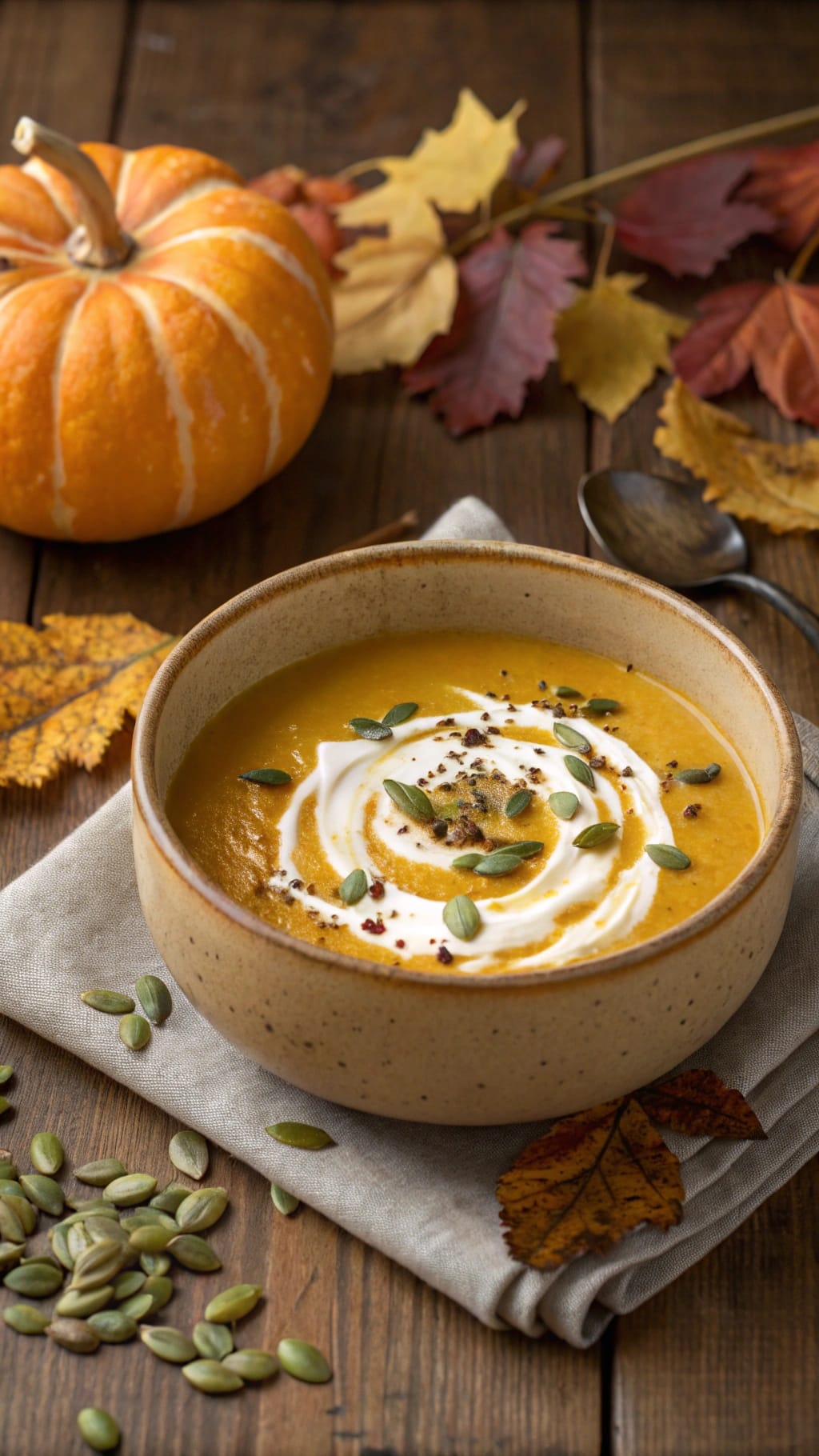 12 Insanely Cozy Fall Soups You’ll Make All Season 2 A bowl of creamy pumpkin soup garnished with pumpkin seeds and a swirl of cream, with a pumpkin and autumn leaves in the background.