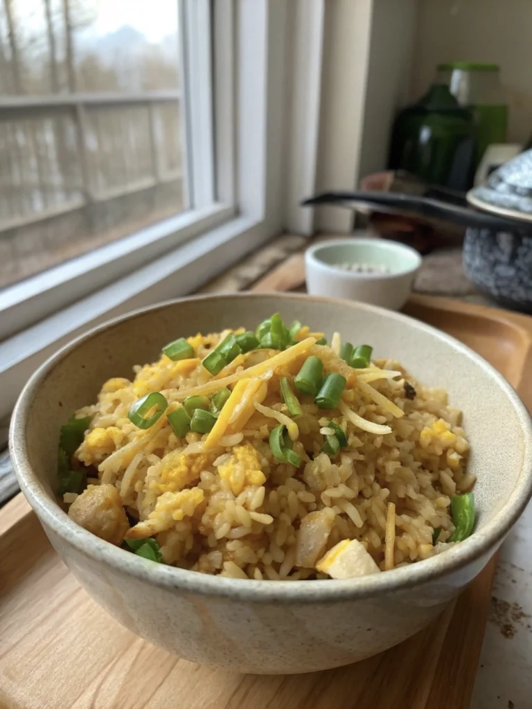 A bowl of egg with rice topped with cheese and green onions.