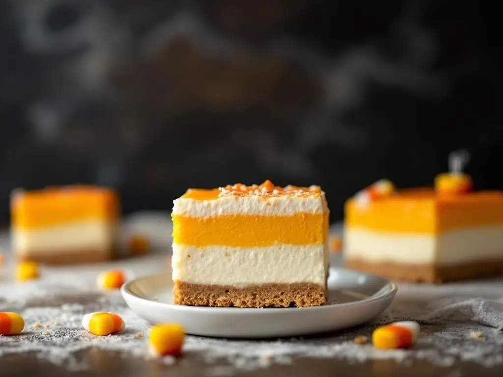 12 Crazy Simple Candy Corn Snacks and Bakes 4 3 candy corn cheesecake bars vanilla cookie crust the scene is absent of text le 20251008 081242 nhbe 1