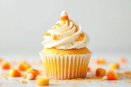 12 Crazy Simple Candy Corn Snacks and Bakes 1 6 candy corn cupcakes with vanilla swirl the scene is absent of text le 20251008 081242 j2n5