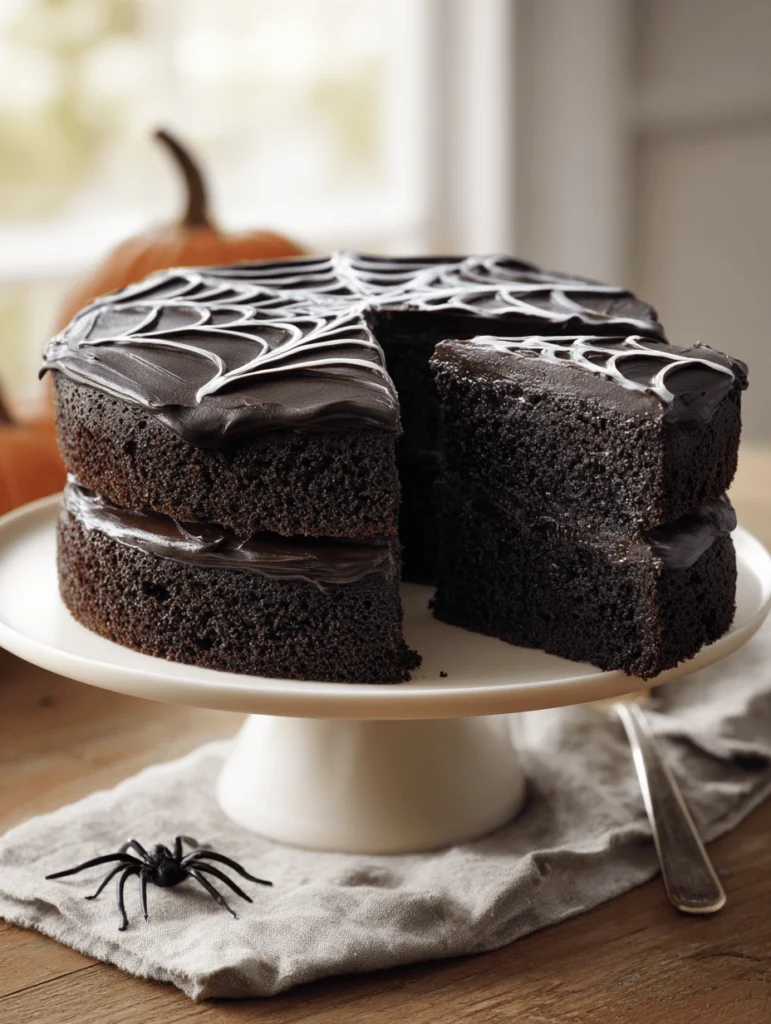 Easy Black Cocoa Spiderweb Cake, Party Showstopper 5 black cocoa spiderweb cake 9