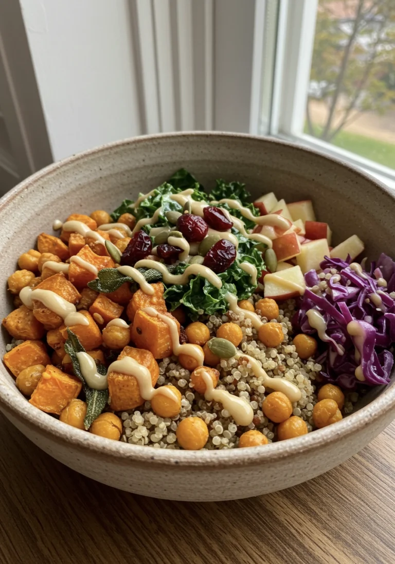 Ultimate Cozy Fall Buddha Bowl (Maple Sweet Potatoes, Sage Chickpeas & Apple-Tahini Drizzle)