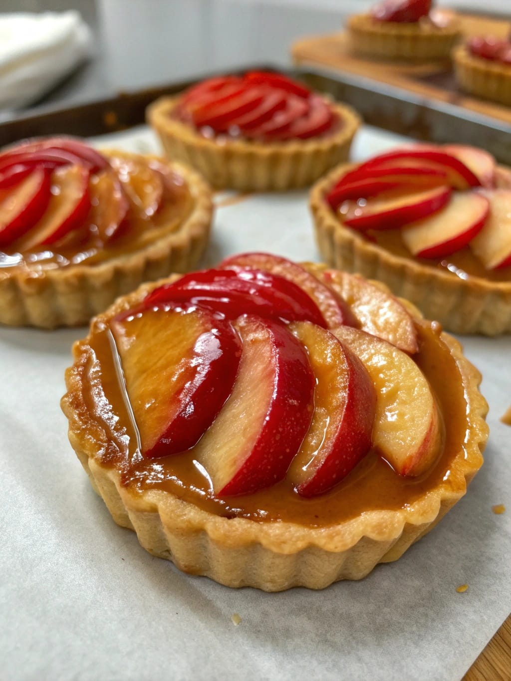 Mini caramel apple tartlets with shiny red apple slices