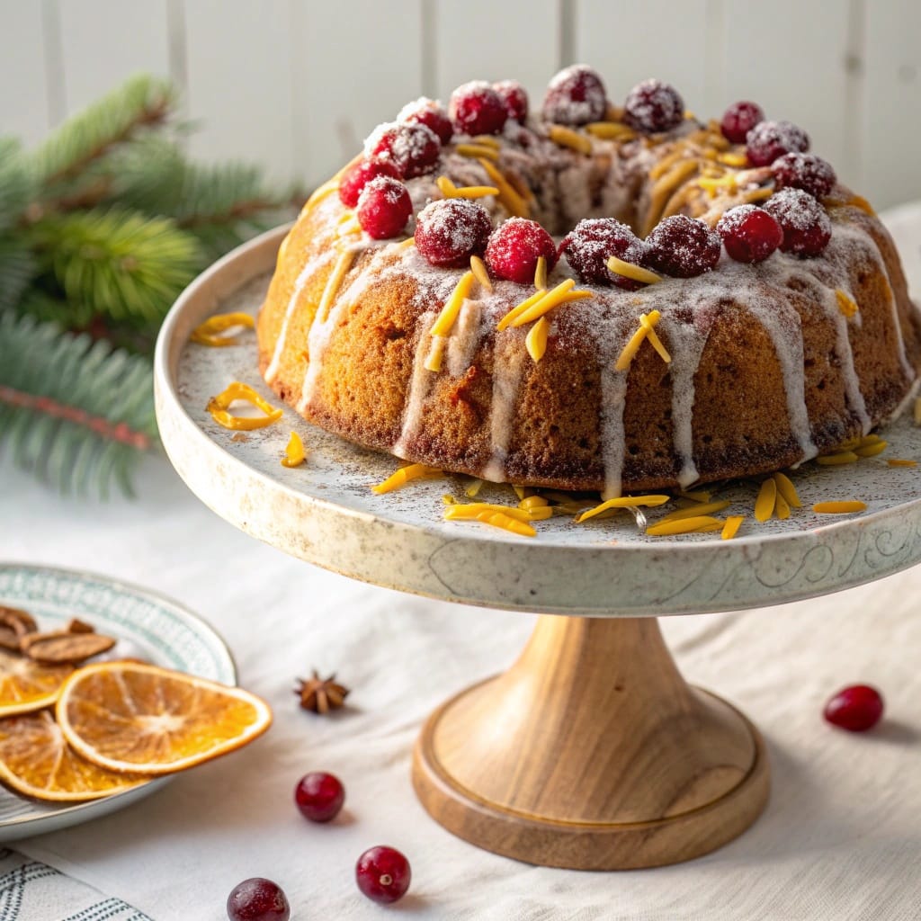 18 Vegan Christmas Dishes So Good Even Meat-Lovers Will Beg for Seconds 18 A beautifully decorated Cranberry-Orange Almond Cake with a slice cut out, surrounded by cranberries and oranges.