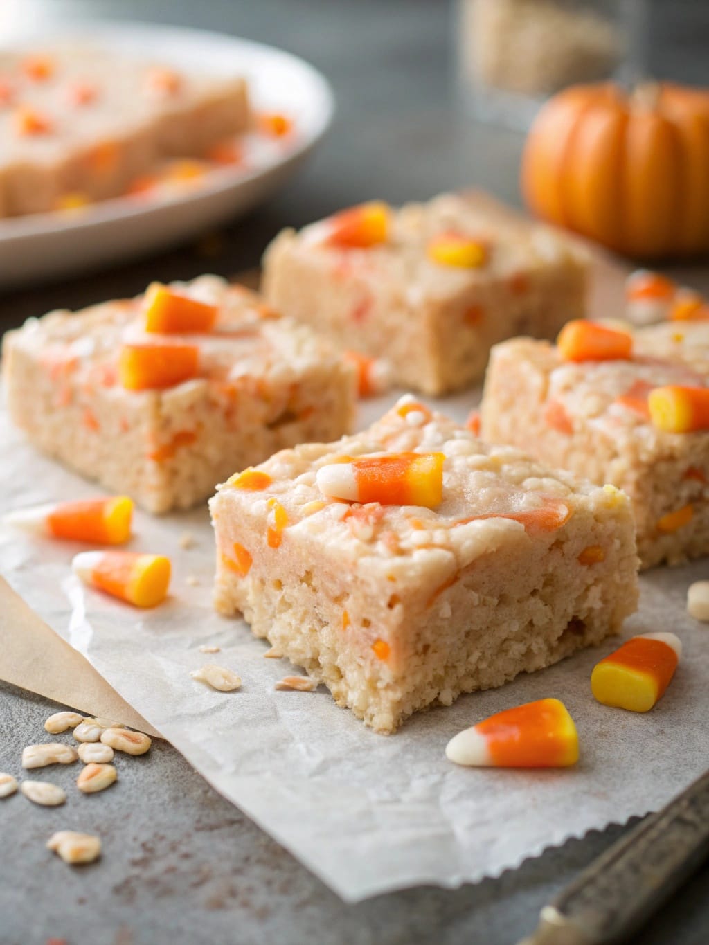 12 Crazy Simple Candy Corn Snacks and Bakes 6 Candy Corn Rice Krispie Treat Squares topped with white chocolate and candy corn