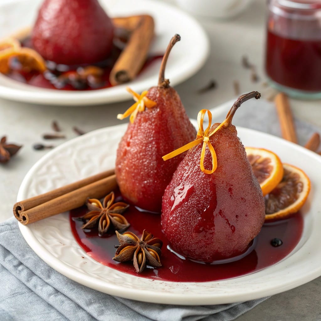 18 Vegan Christmas Dishes So Good Even Meat-Lovers Will Beg for Seconds 19 A beautifully plated dish of mulled wine poached pears garnished with nuts and herbs.