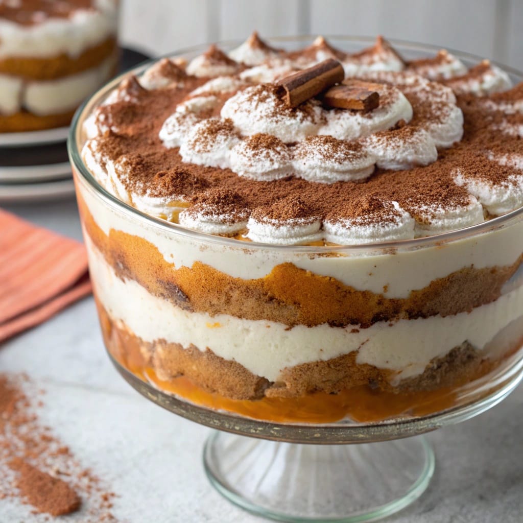 20 Easy Thanksgiving Desserts That Steal the Show (No Pie Required!) 3 A delicious pumpkin spice tiramisu topped with chocolate shavings and surrounded by a small pumpkin and cinnamon sticks.