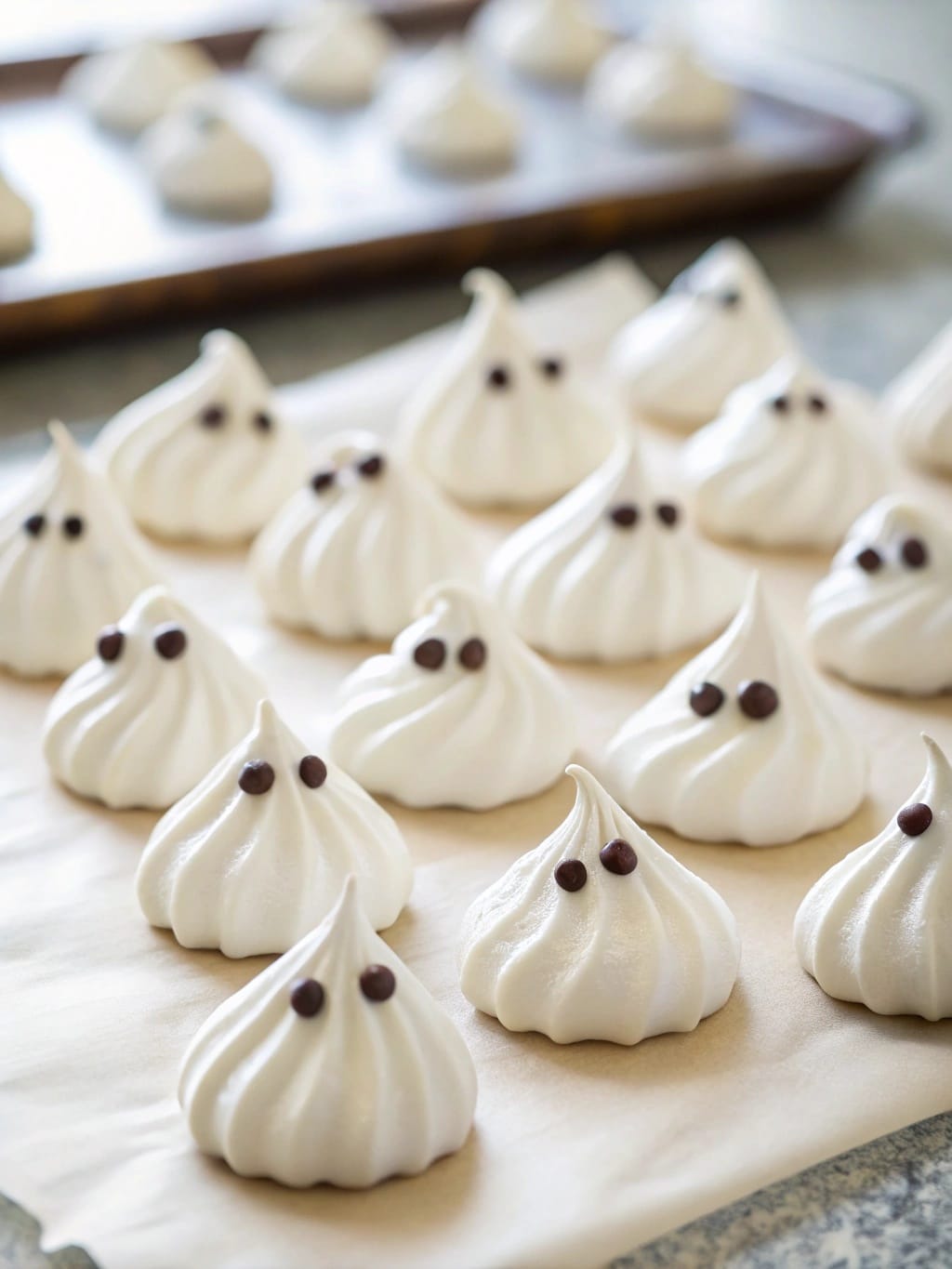 Ghost meringue kisses decorated with chocolate chips for eyes.