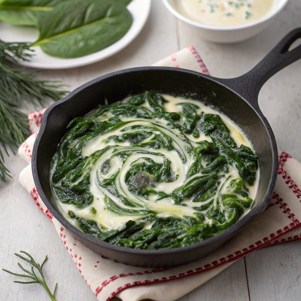 18 Vegan Christmas Dishes So Good Even Meat-Lovers Will Beg for Seconds 8 A bowl of Coconut Creamed Spinach topped with pine nuts.