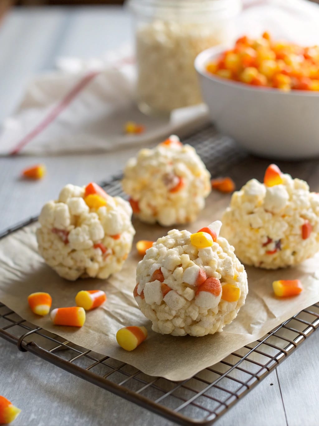 12 Crazy Simple Candy Corn Snacks and Bakes 3 popcorn balls with candy corn, surrounded by more popcorn