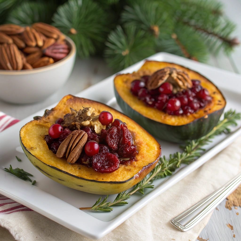 18 Vegan Christmas Dishes So Good Even Meat-Lovers Will Beg for Seconds 4 Cranberry pecan stuffed squash halves on a plate