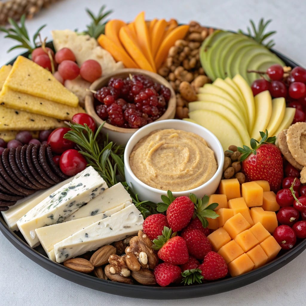 18 Vegan Christmas Dishes So Good Even Meat-Lovers Will Beg for Seconds 16 A vibrant vegan charcuterie board filled with fruits, nuts, and vegan cheese.