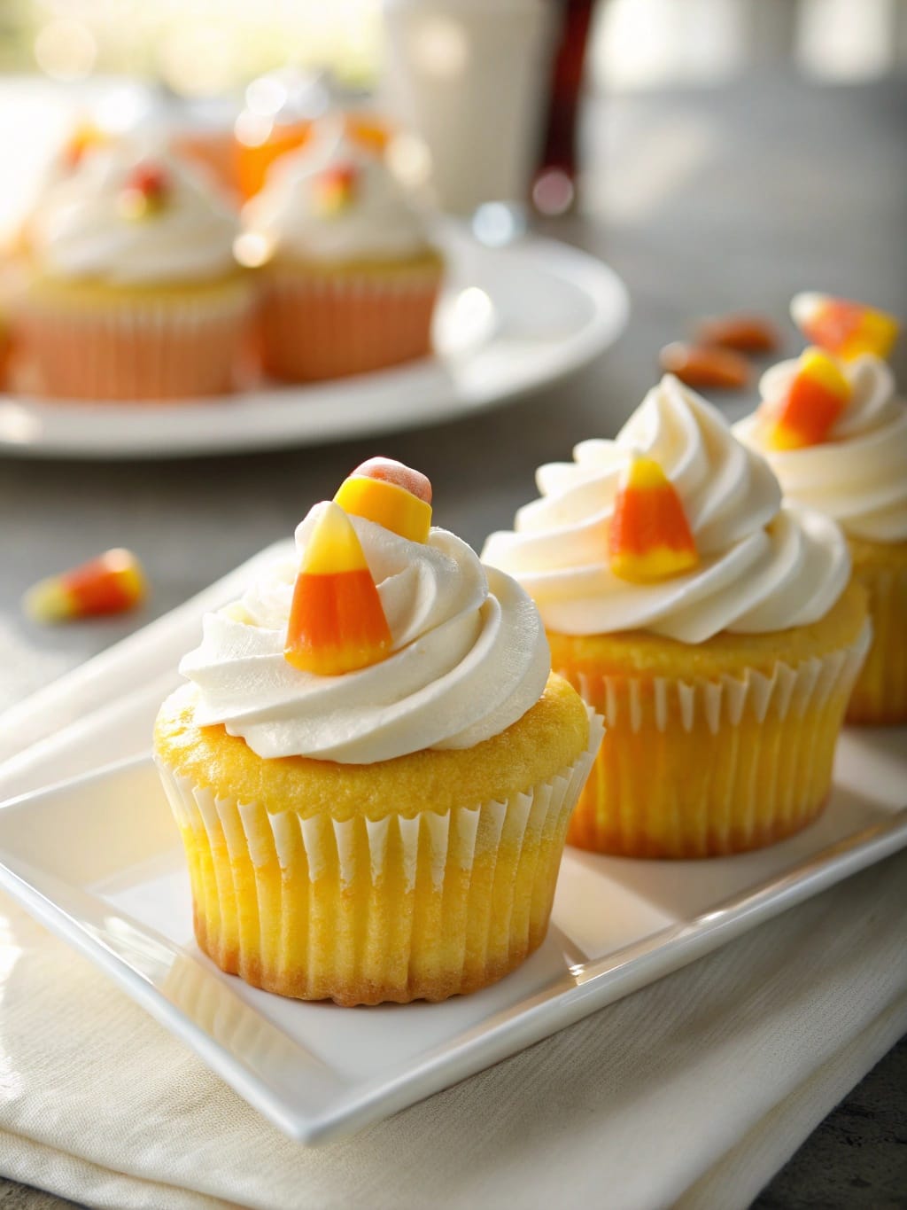 12 Crazy Simple Candy Corn Snacks and Bakes 7 Two candy corn cupcakes with swirled frosting and candy corn decoration on top.