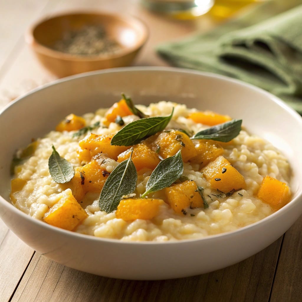 18 Vegan Christmas Dishes So Good Even Meat-Lovers Will Beg for Seconds 14 A bowl of creamy butternut squash and sage risotto topped with diced squash and sage leaves.