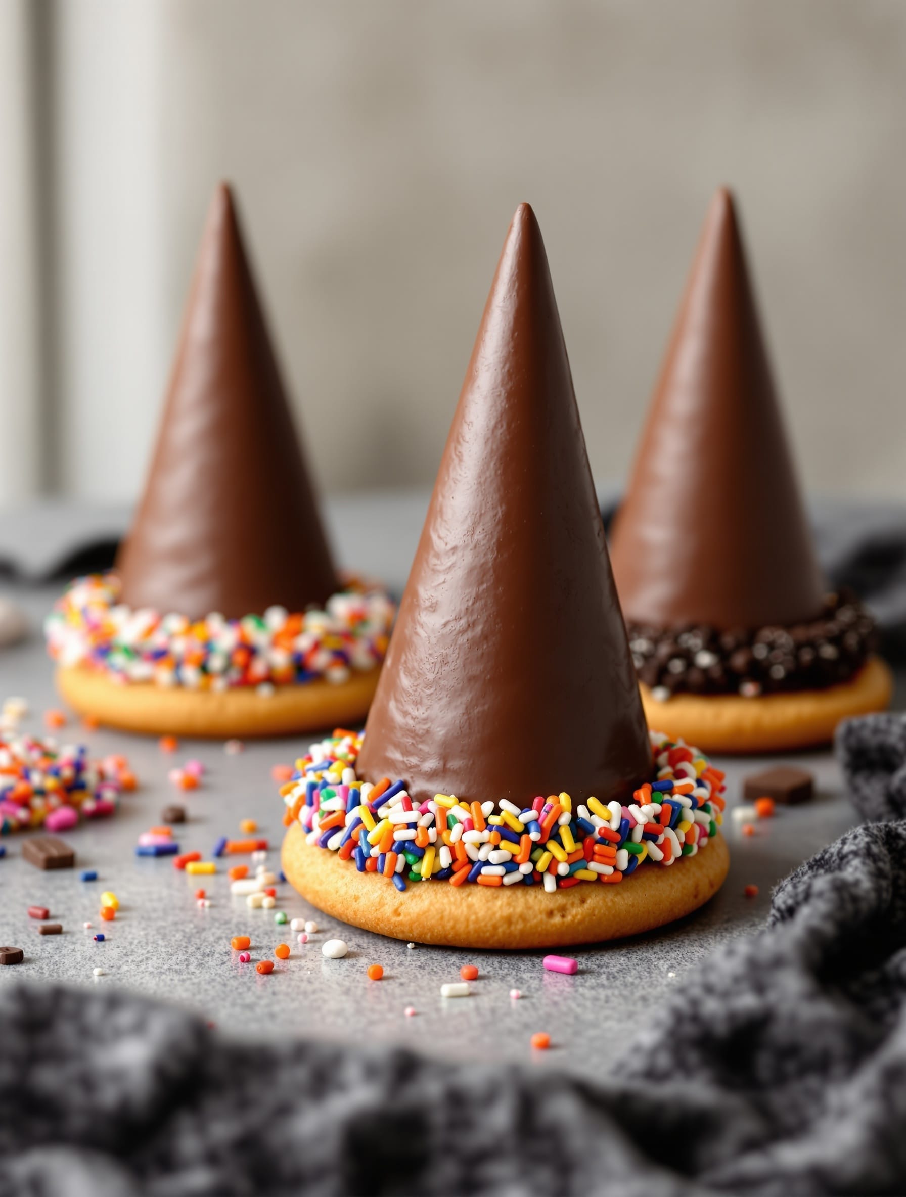Witch Hat Chocolate Cones decorated with chocolate and sprinkles.