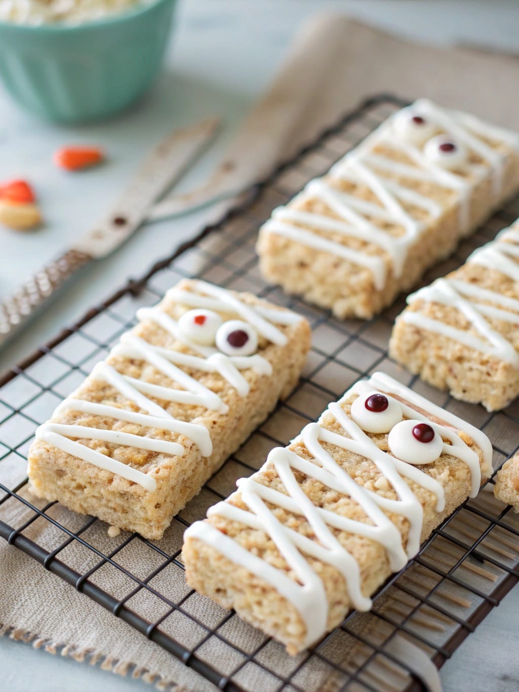 Mummy Rice Krispie Treats decorated for Halloween