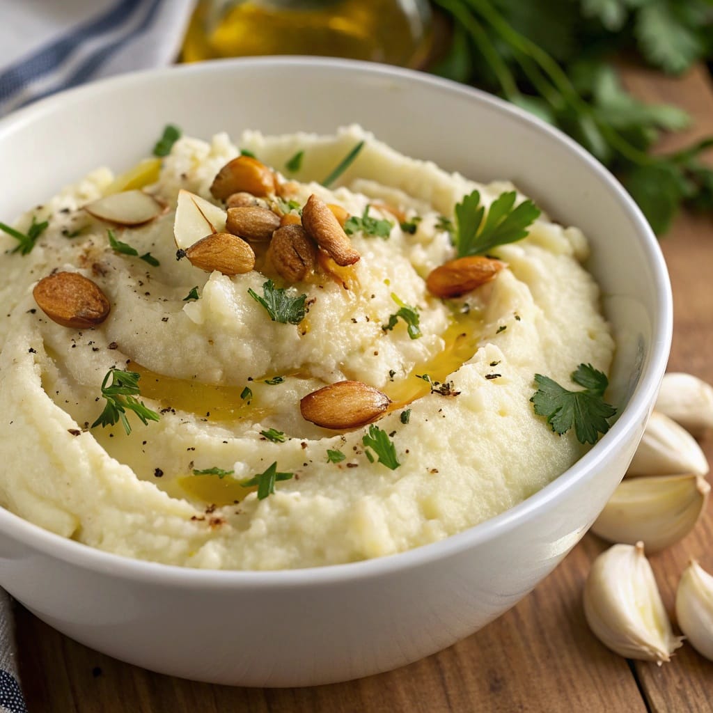 18 Vegan Christmas Dishes So Good Even Meat-Lovers Will Beg for Seconds 5 A bowl of creamy garlic-herb mashed cauliflower topped with parsley.
