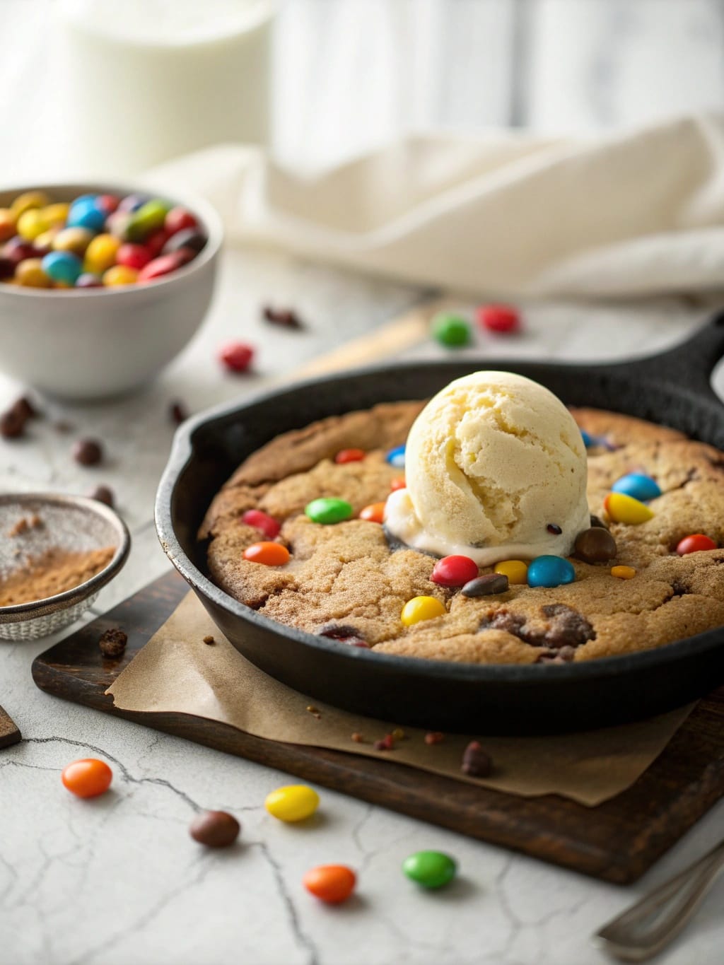 A delicious Monster Mash Cookie Skillet with colorful candies and chocolate chips.