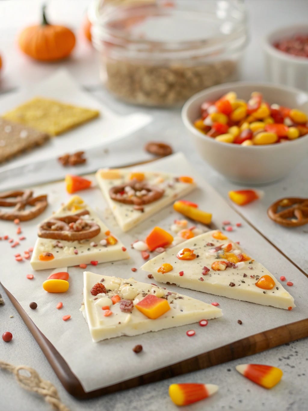 Candy Corn Crunch Bark with pretzels and candy corn