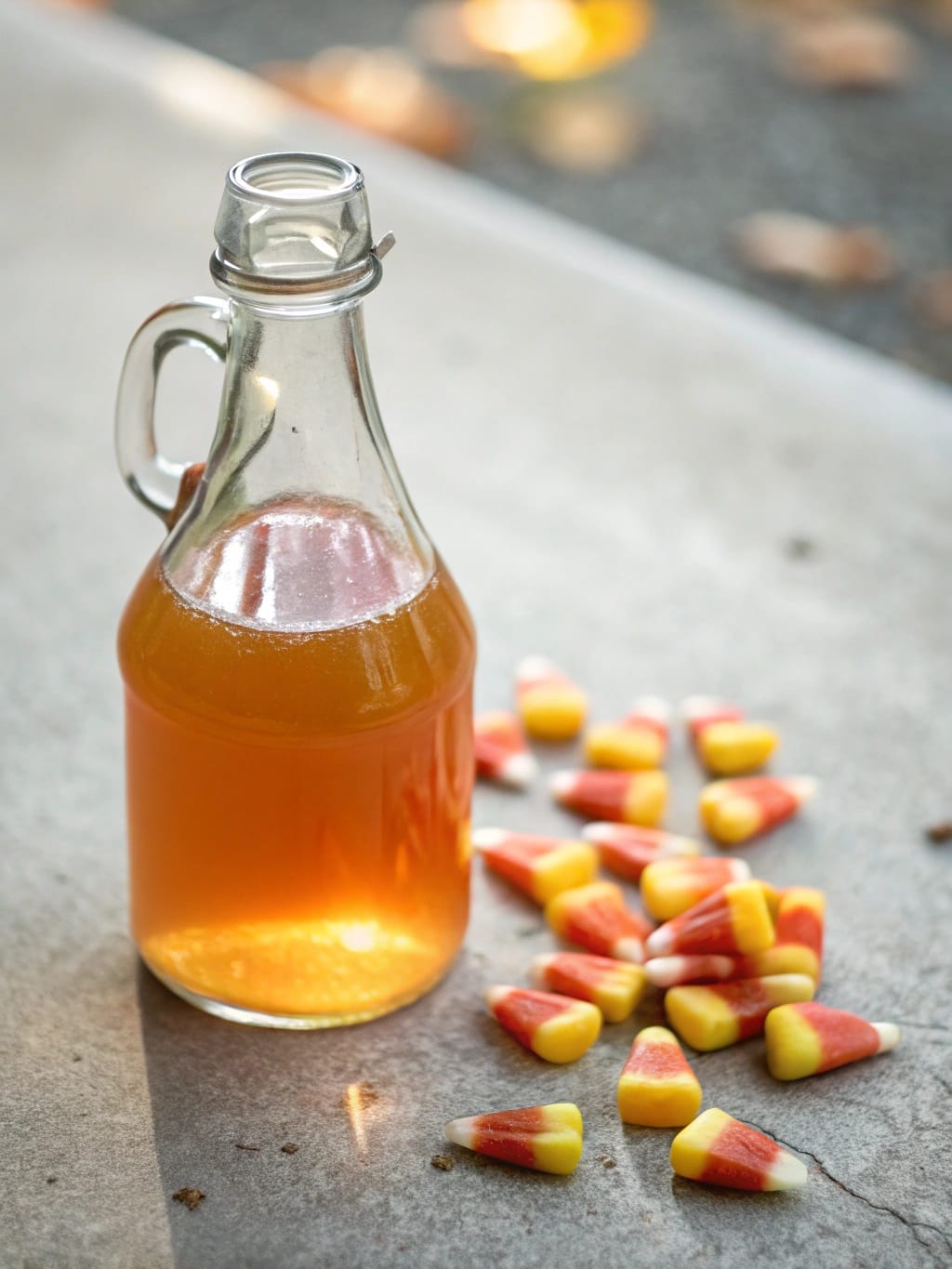 12 Crazy Simple Candy Corn Snacks and Bakes 13 A bowl of candy corn simple syrup with candy corn pieces around it.