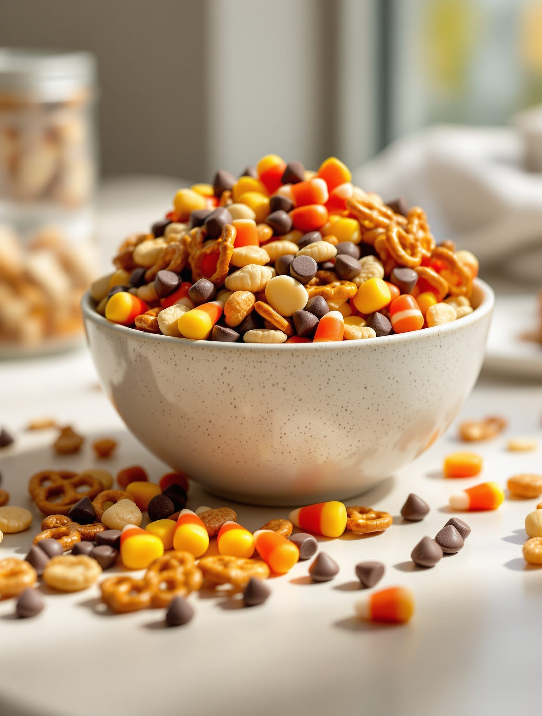 12 Crazy Simple Candy Corn Snacks and Bakes 11 A colorful mix of pretzels, candy corn, nuts, and chocolate chips for a fun fall trail mix.