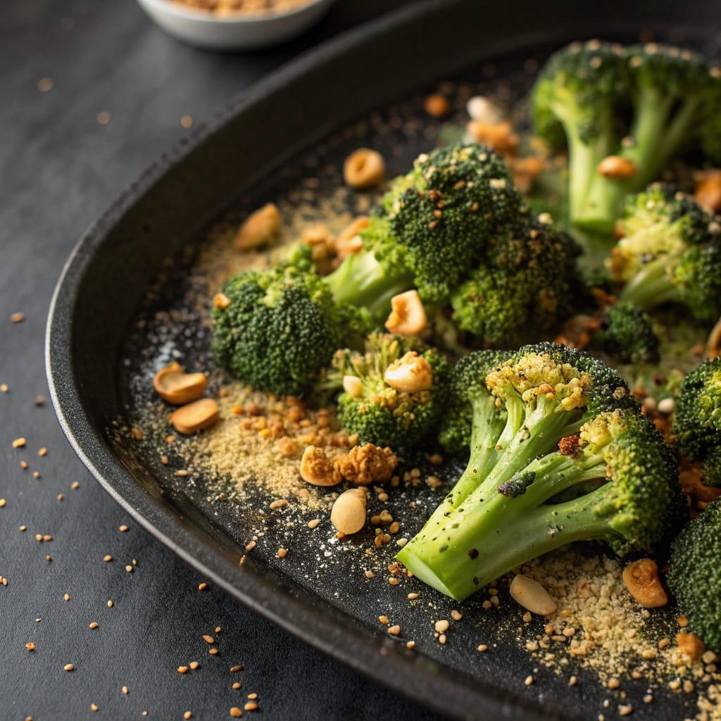 18 Vegan Christmas Dishes So Good Even Meat-Lovers Will Beg for Seconds 15 A bowl of roasted broccoli topped with cashew parmesan and pine nuts.