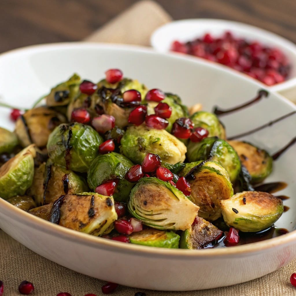 18 Vegan Christmas Dishes So Good Even Meat-Lovers Will Beg for Seconds 7 Roasted Brussels sprouts with balsamic glaze and pomegranate seeds