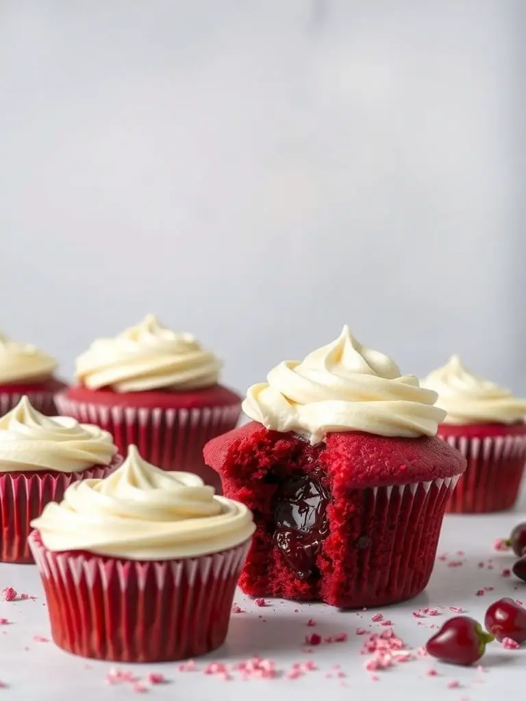 Vampire Bite Red Velvet Cupcakes with cream cheese frosting and a chocolate filling.