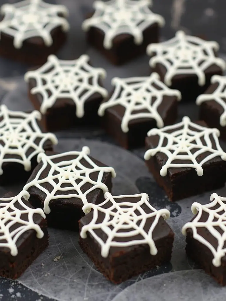Black Cocoa Spiderweb Brownie Bites decorated with white icing spiderwebs.