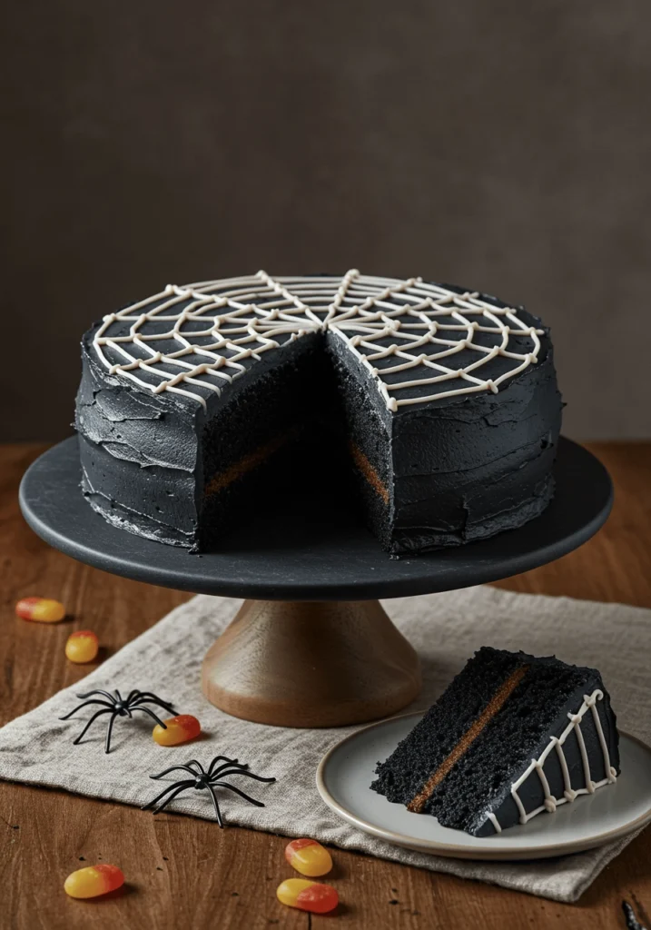 Easy Black Cocoa Spiderweb Cake, Party Showstopper 2 spider web cake 6