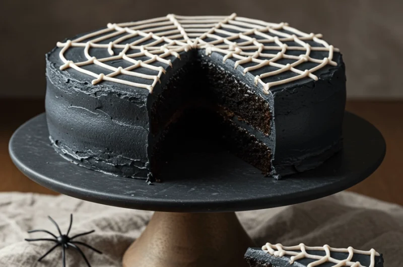 Easy Black Cocoa Spiderweb Cake, Party Showstopper 18 spider web cake 8
