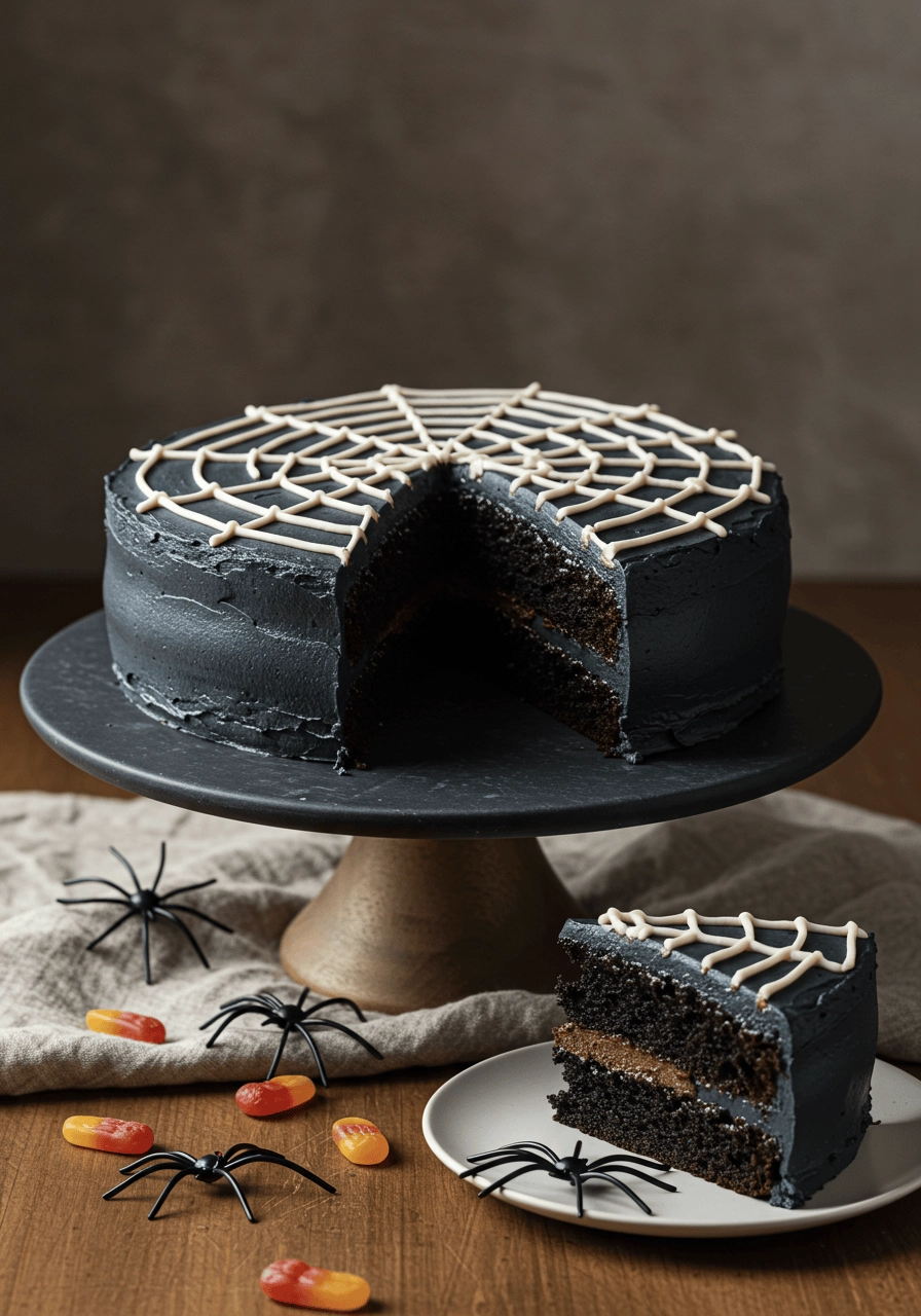Easy Black Cocoa Spiderweb Cake, Party Showstopper 6 spider web cake 8
