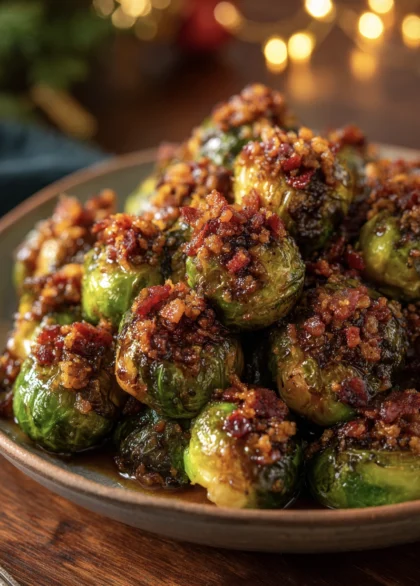 Sticky Garlic-Soy Brussels Sprouts With Candied Bacon Crumble (Air Fryer Edition) 23 Garlic Soy Brussels Sprouts With Candied Bacon Crumble 23