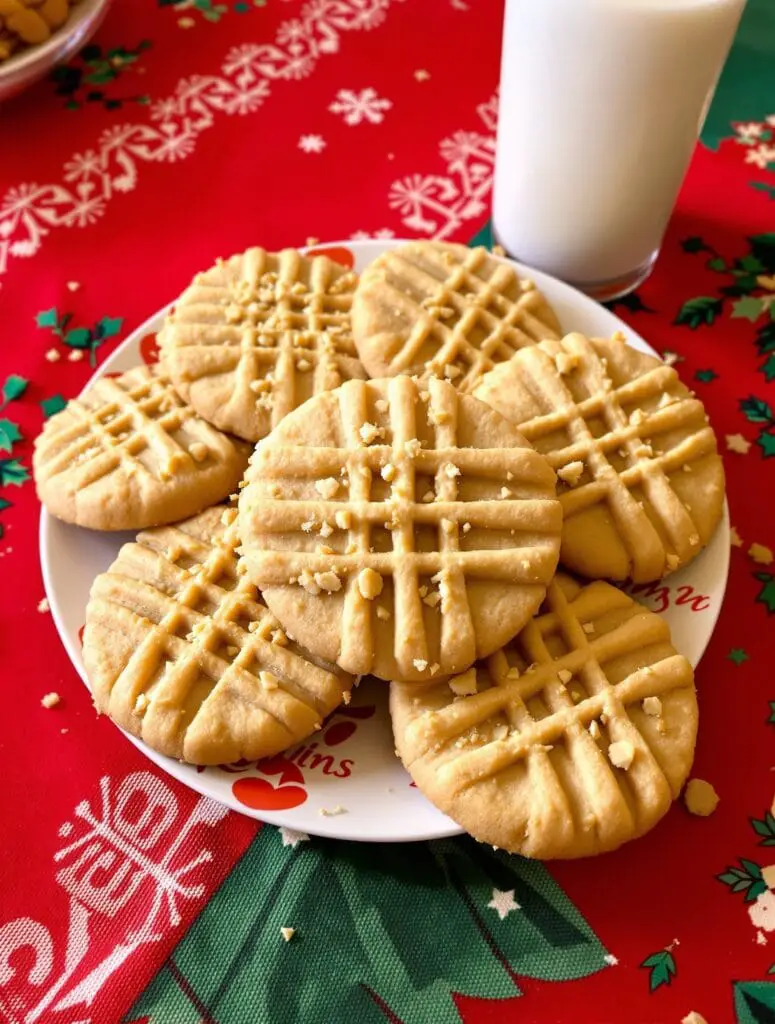 A plate of peanut butter cookies on a festive tablecloth with a glass of milk.