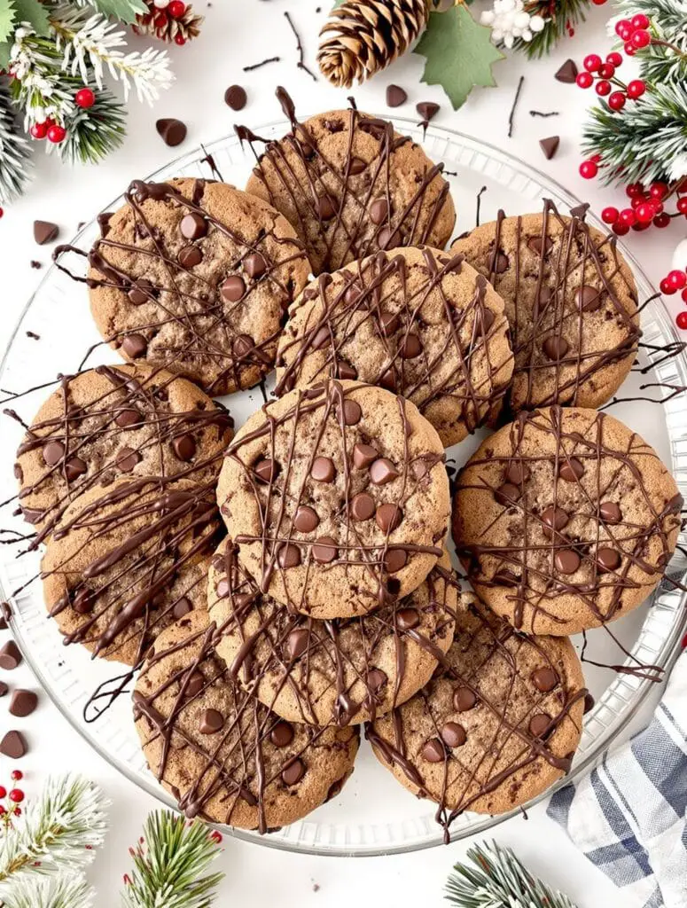A plate of triple chocolate cookies drizzled with chocolate, surrounded by festive decorations.