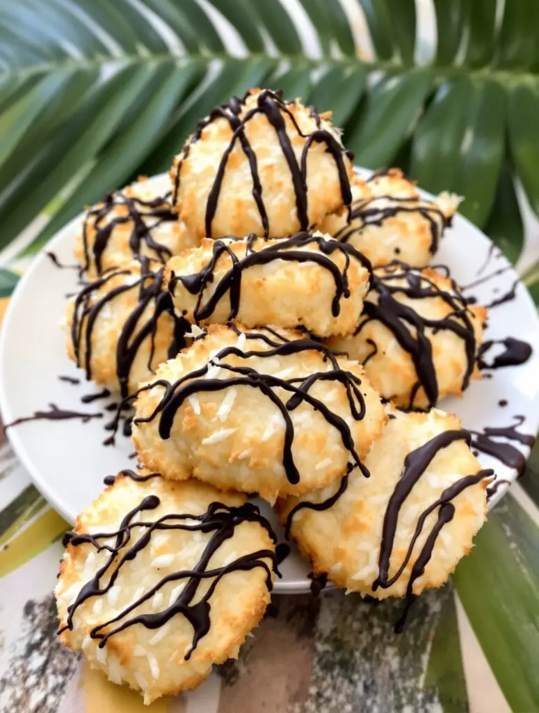 A plate of coconut cookies drizzled with chocolate on a tropical background.