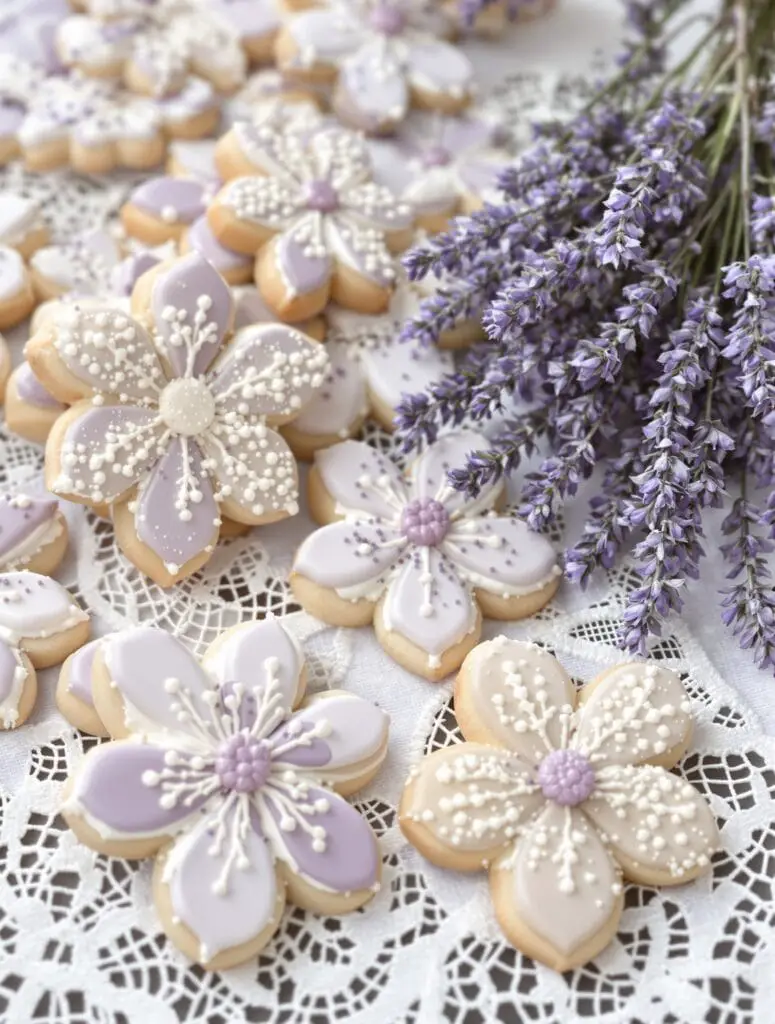 Lavender-infused cookies decorated with royal icing, arranged beautifully with lavender sprigs.