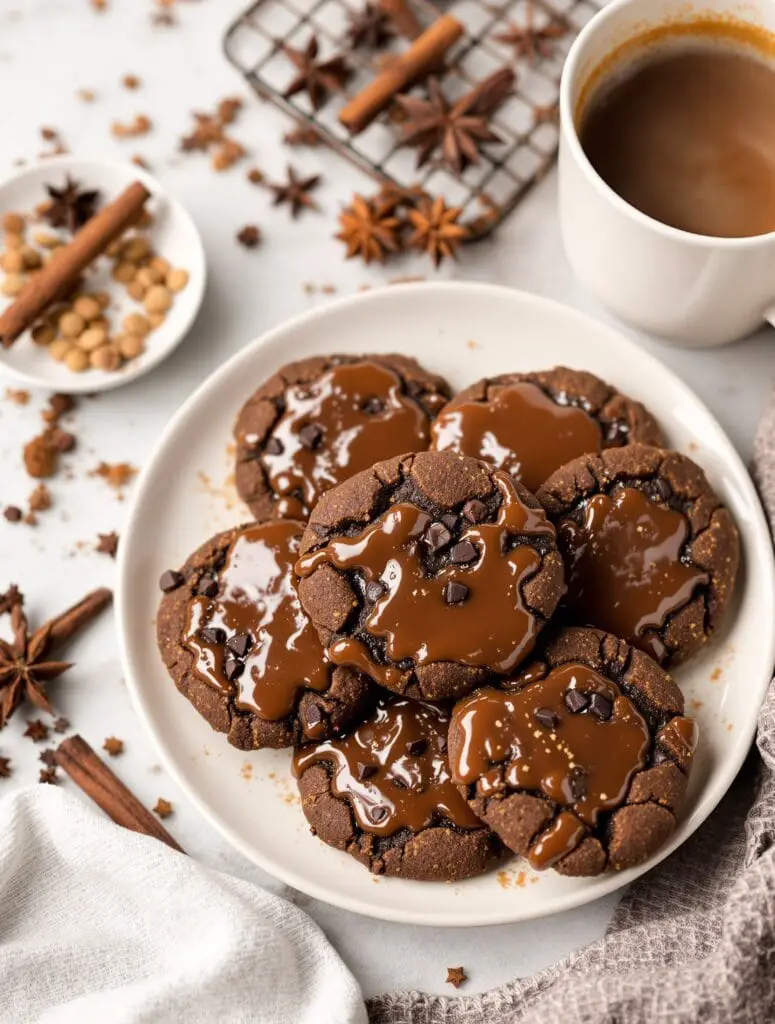 A plate of rich molasses cookies topped with chocolate glaze, surrounded by spices and a cup of coffee.