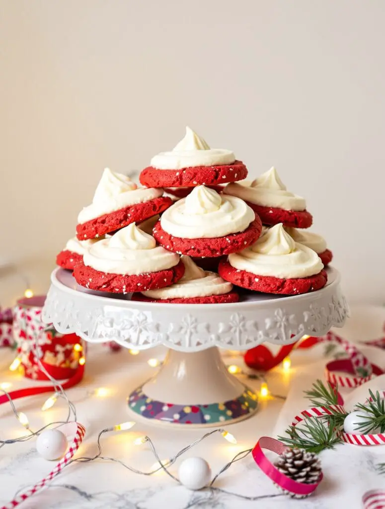 A plate of red velvet cookies topped with cream cheese frosting, decorated for Christmas.