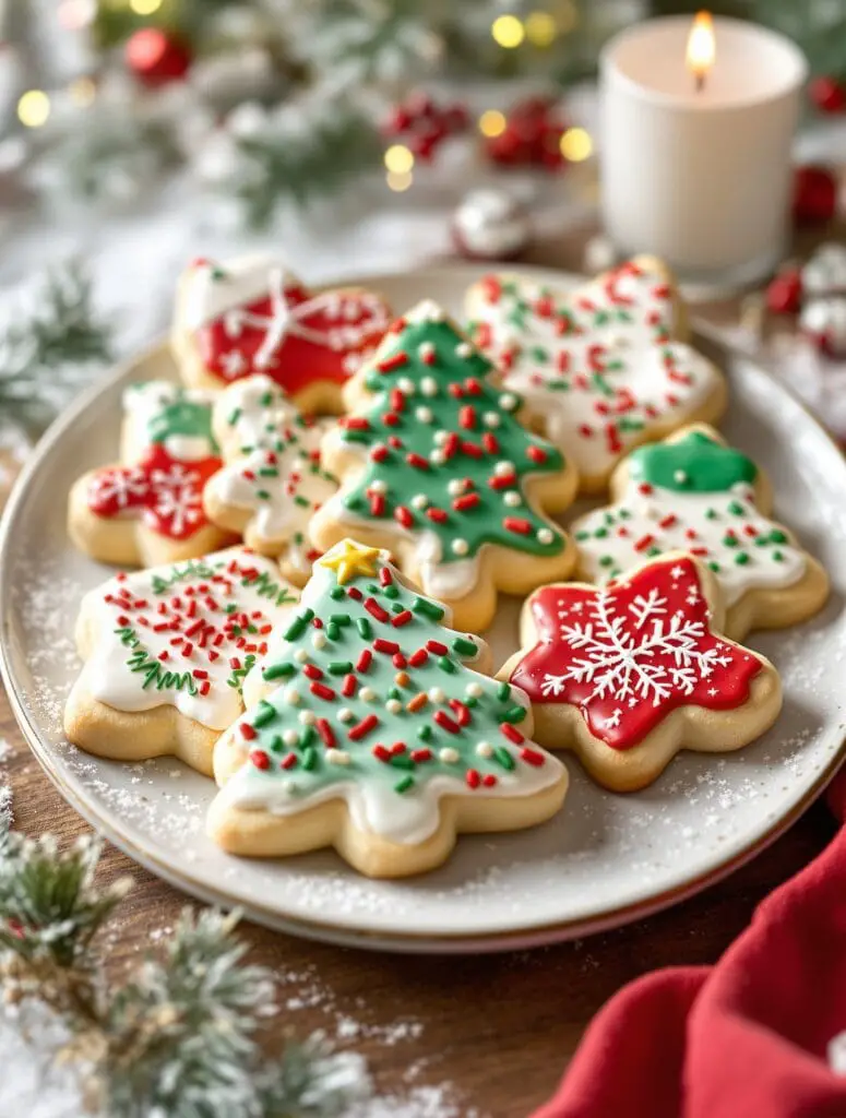 A plate of decorated Christmas sugar cookies in festive shapes.