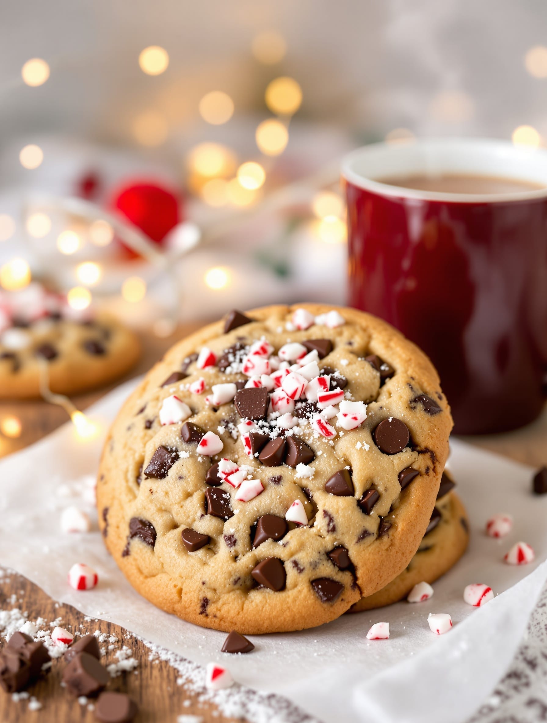 Chocolate chip cookies with peppermint pieces on top, surrounded by festive decorations.