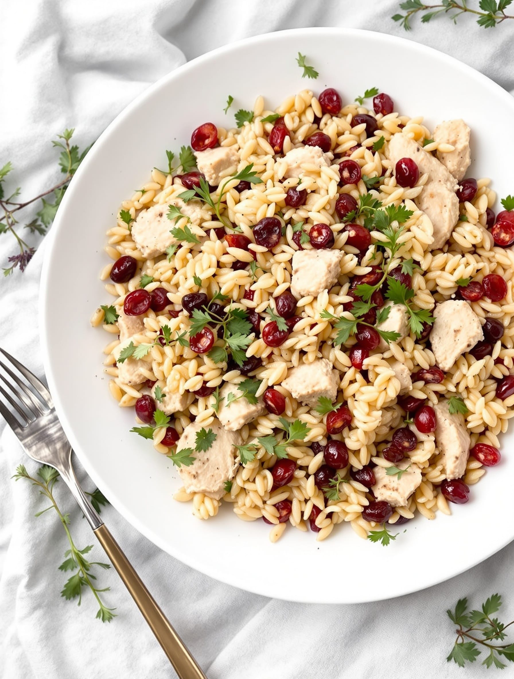 12 Creative Ways to Transform Leftovers into Delicious Pasta, Risotto, and Rice Dishes 3 A delicious plate of One-Pan Cranberry Turkey Orzo with turkey pieces, cranberries, and fresh herbs.